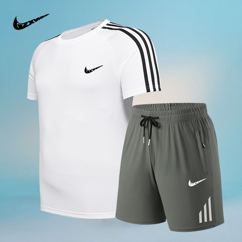 Three Bar Summer T-shirt Men's Thin Elastic Quick-drying Sports Casual Pants Plus Size Ice Silk Sports Two-piece Set