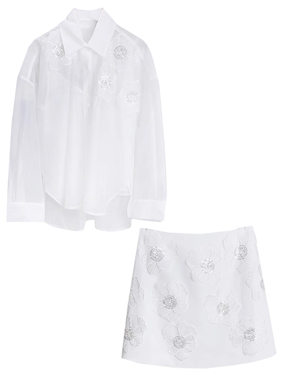 French S Home 2024 Autumn New Embroidered Perspective Shirt Short Skirt Heavy-duty Beaded Two-piece Set