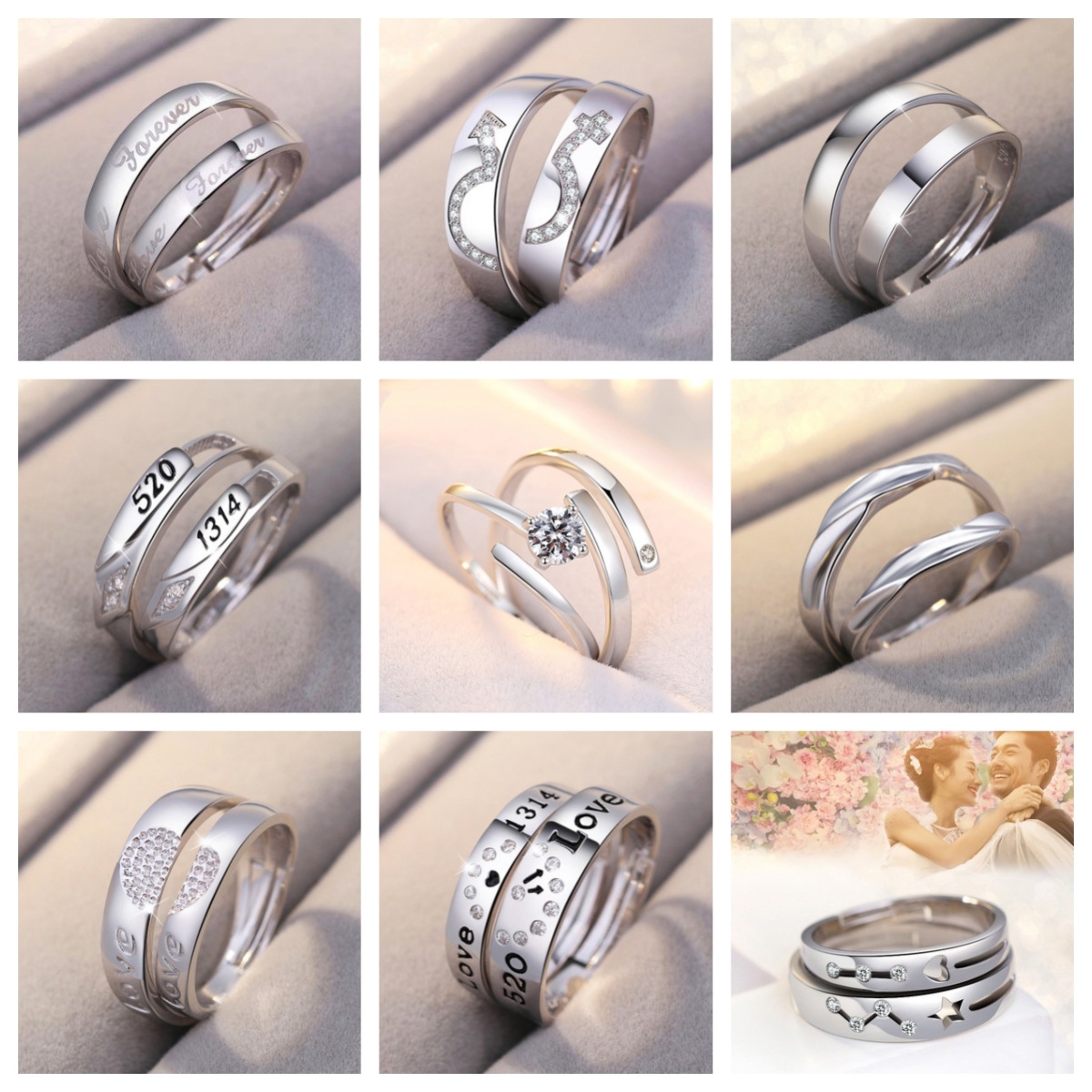 Cross-border supply European and American silver-plated jewelry open couple ring female Korean zircon wedding diamond ring open mouth ring generation