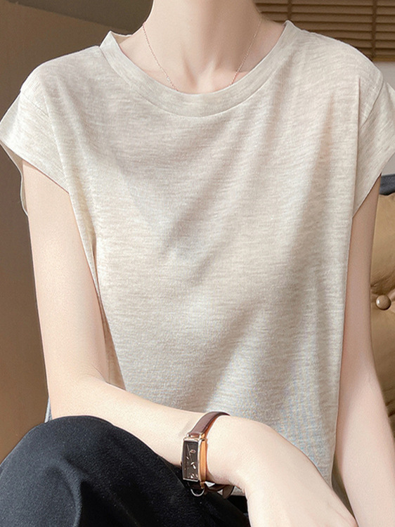 2025 Summer New Product Lyocell Tencel Small Flying Sleeve T-Shirt Women's Round Neck Thin High-End Short-Sleeved Top