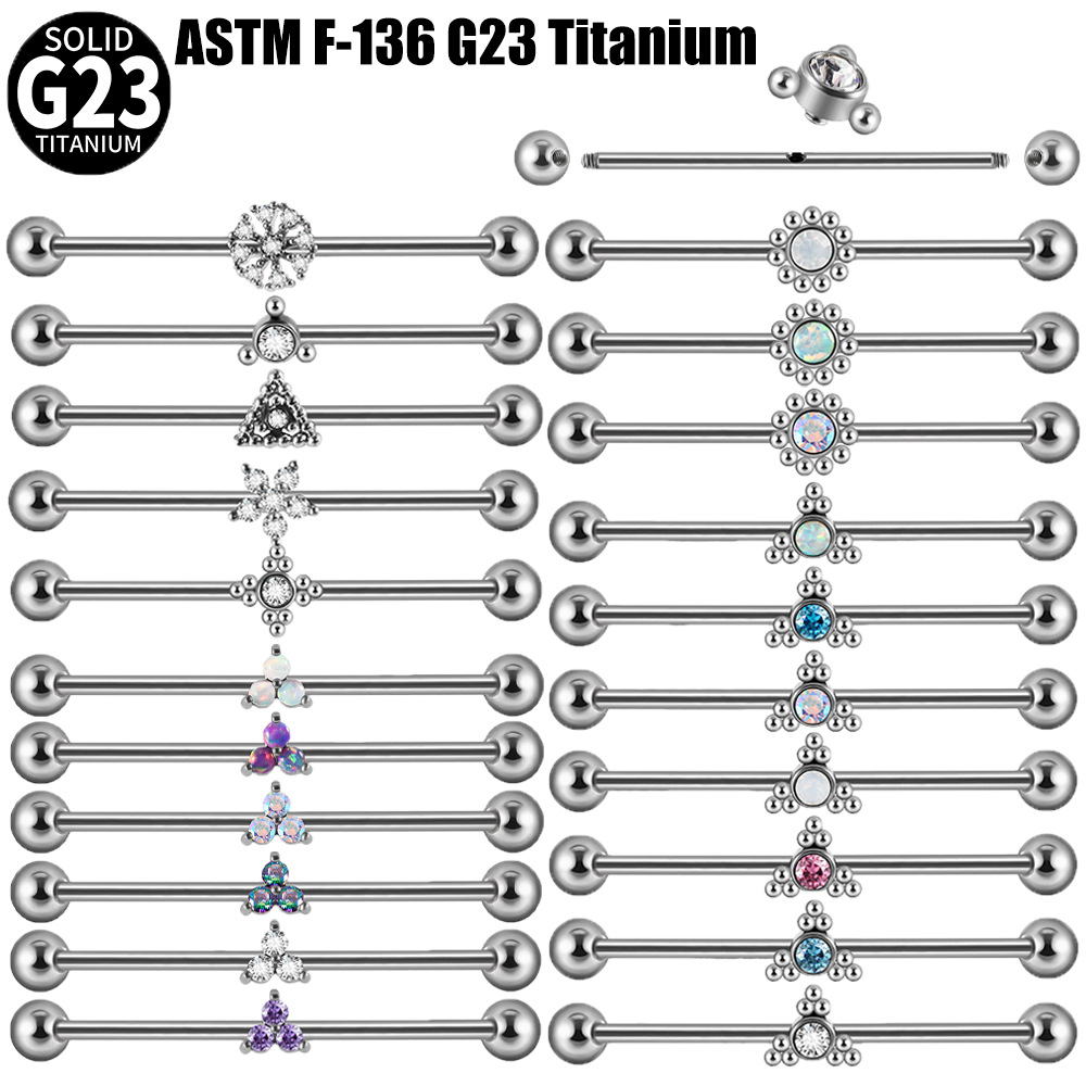 Cross-border Titanium Alloy Industrial Barbell Earrings Grab Zircon External Thread Double Ear Holes Straight Rod Earrings A variety of flower earrings