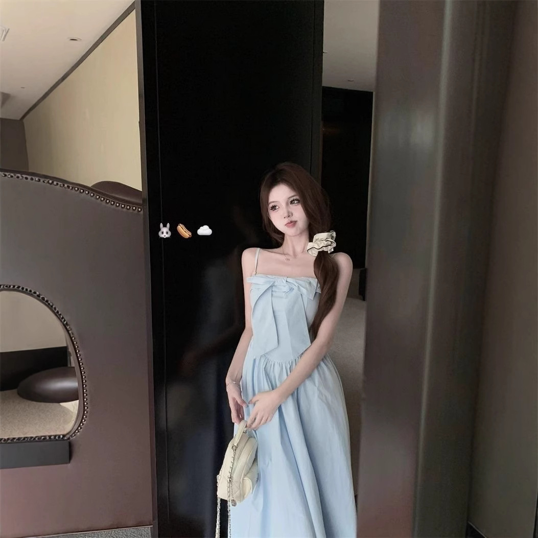 Bow Blue dress 2025 Summer New Super Fairy Vacation Slimming Waist Gentle Style Slip Skirt Women's Trendy