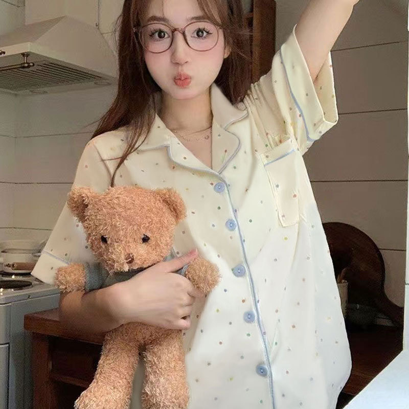 Korean Dopamine Pajamas for Women in Summer, Sweet and Cute Style, Pure Cotton, Fresh Polka Dot Cardigan, Short-Sleeved Home Wear Set