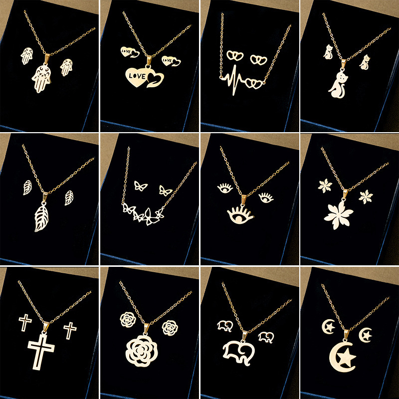 European and American Stainless Steel Earrings and Necklace Set Cross-Border Geometric Cross Palm Eyes Rose Pendant Jewelry