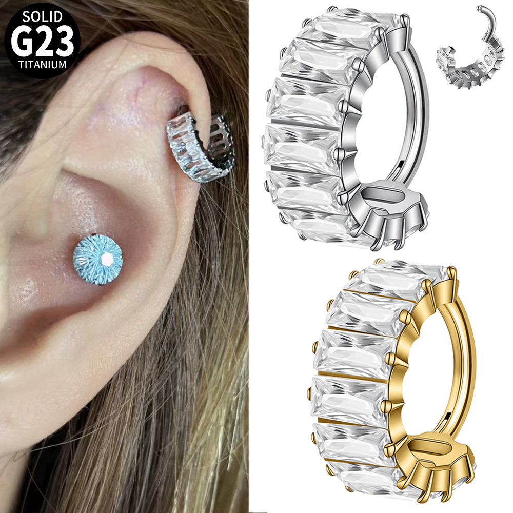 Cross-Border G23/F136 Titanium Alloy Square Zirconia Split Ring Earrings Electroplated Nose Rings Earlobe Studs Piercing Jewelry