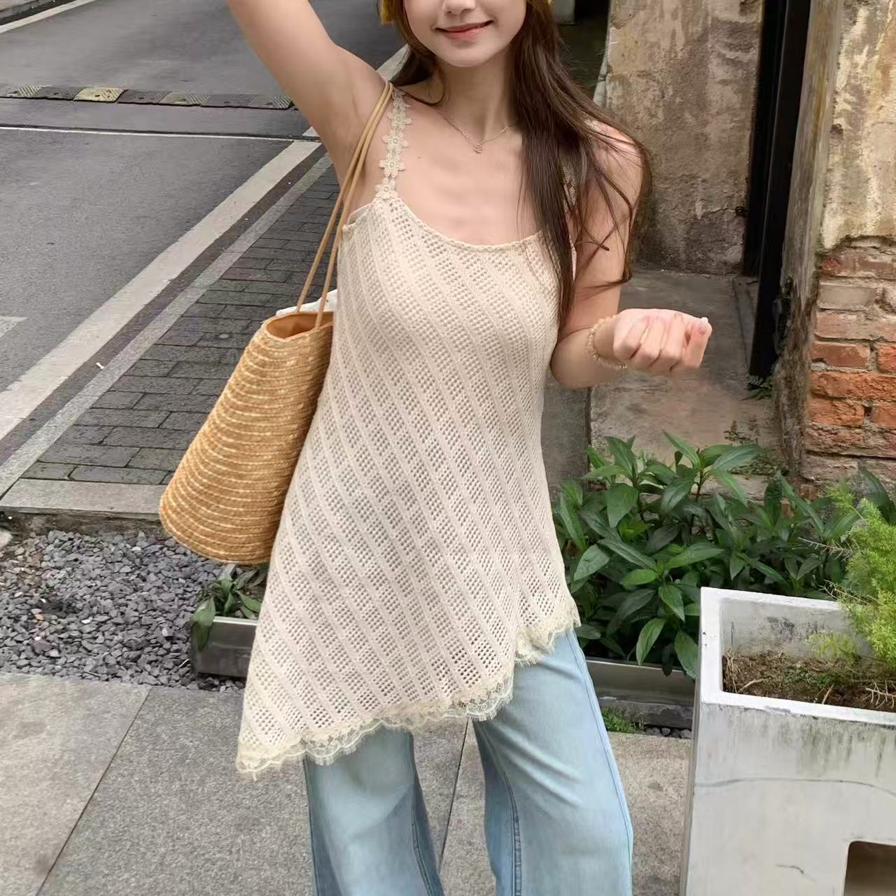 New French-Style Lace Diagonal Plaid Vacation-Style Irregular Strap Dress for Summer 2026