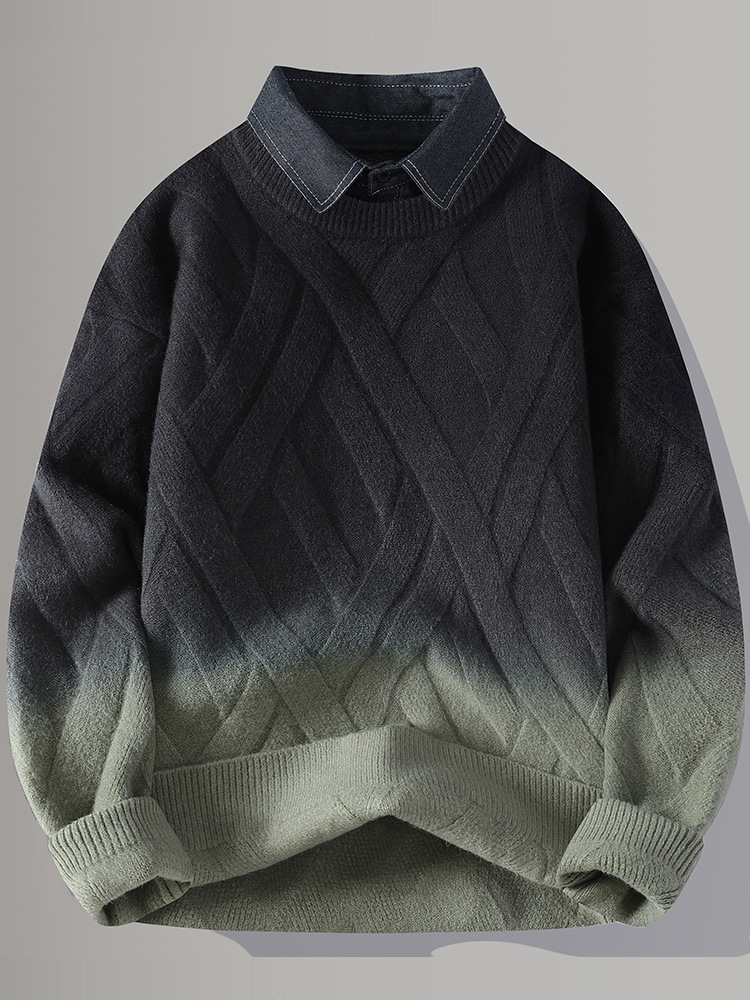Shirt Collar Gradient Sweater Men's Autumn and Winter Fake Two-Piece Knitwear Men's Winter Thickened Warm Casual Line Clothes