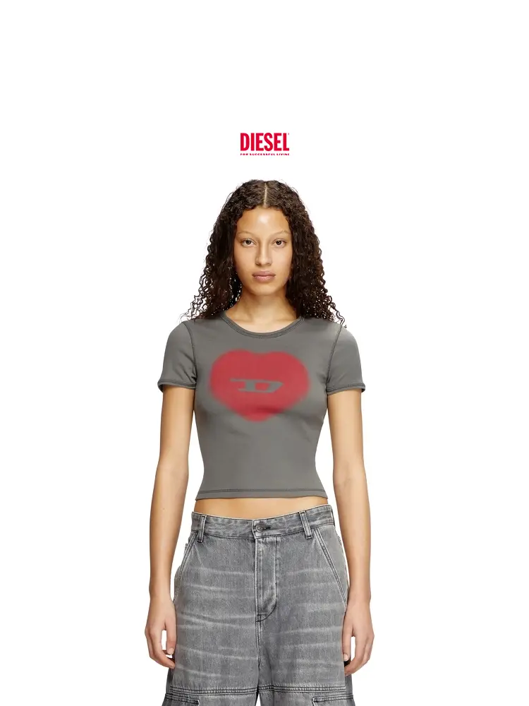 Diesel Women's D Logo Heart Shape Print Dopamine Wear Round Neck Short Sleeve T-Shirt A128360Sqad