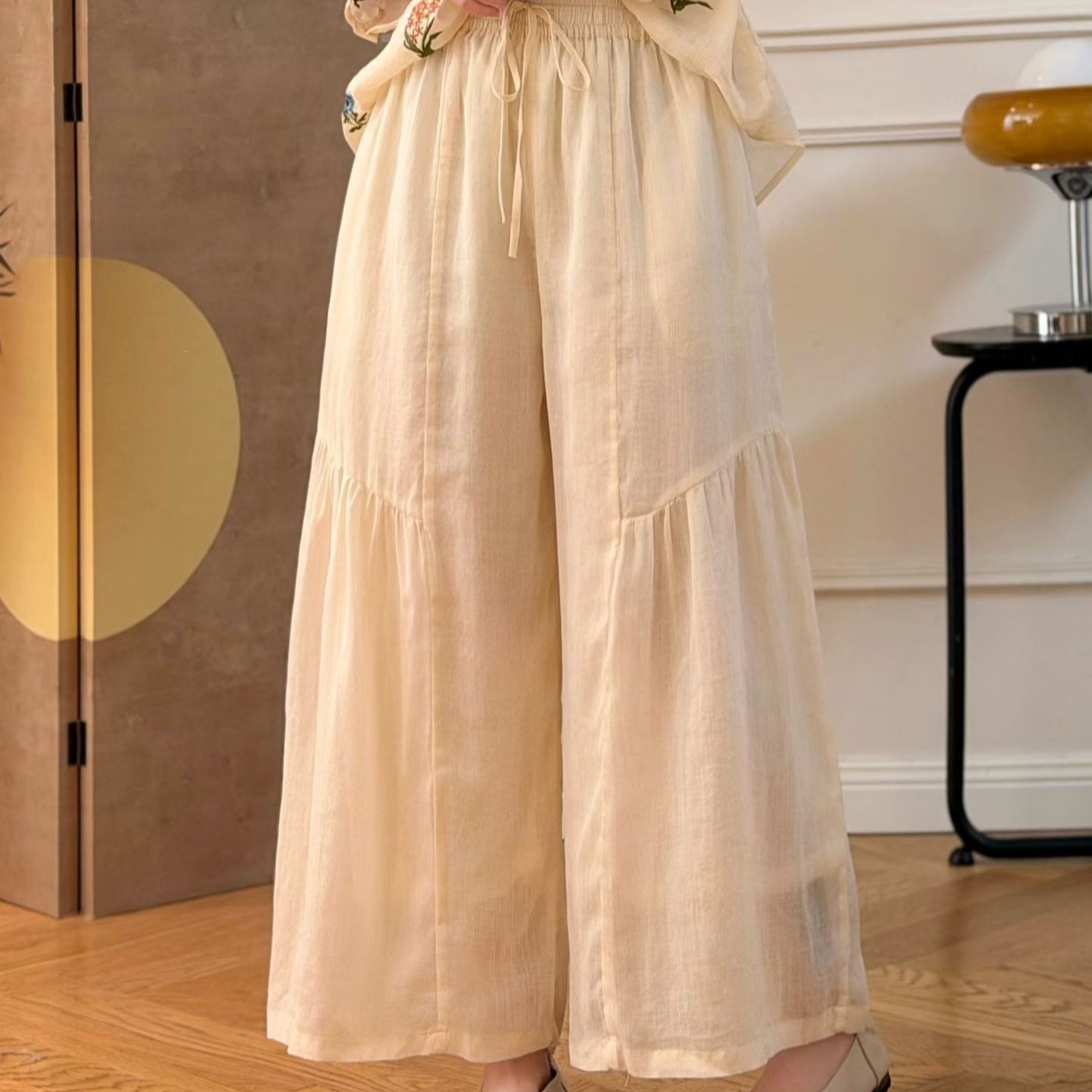 Summer New Style Solid Color Drawstring Artistic Skirt Pants Travel Beach Pants Women's Thin Ramie Pants