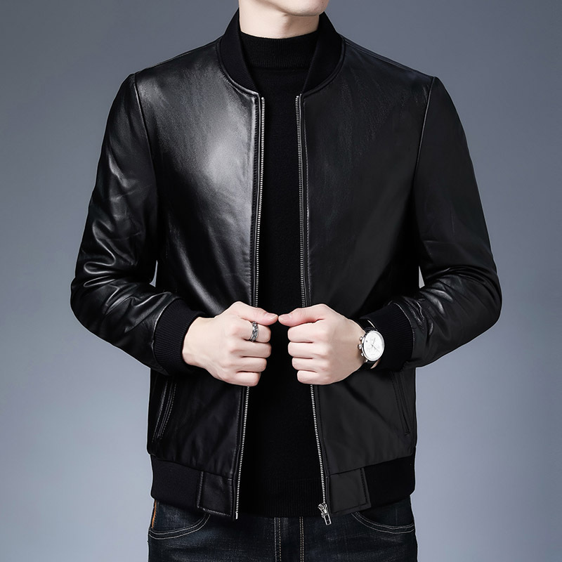 Spring and Autumn New Haining Genuine Leather Jacket Sheepskin Jacket Stand Collar Short Casual Trendy Motorcycle Leather Jacket Men's Clothing