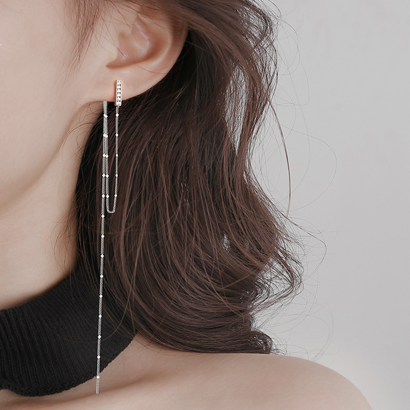 Fairy Style Exaggerated Earrings Long European and American Cross-border Hot Selling Internet Celebrant Flash Diamond Chain Asymmetrical Tassel Earrings for Women