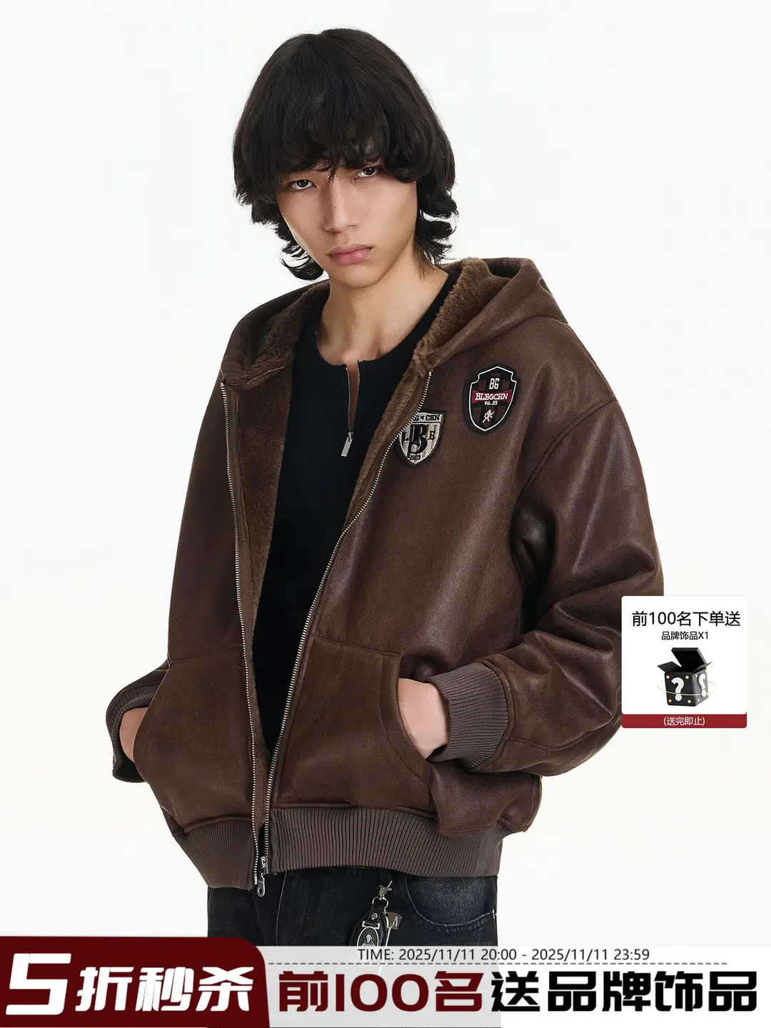 Blaexit Winter Retro Embroidered Badge Cotton Lamb Wool Padded Leather Jacket Men's Thickened Hooded Cotton Coat