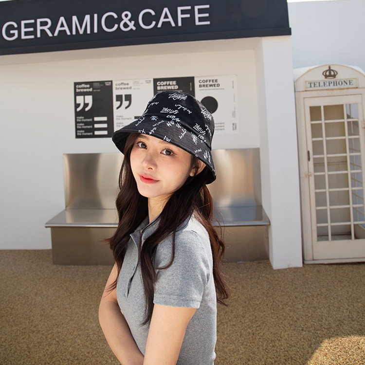 Foreign trade men's and women's double-sided letter printing embroidery small brim fisherman hat spring summer autumn cross-border basin hat graffiti all-match