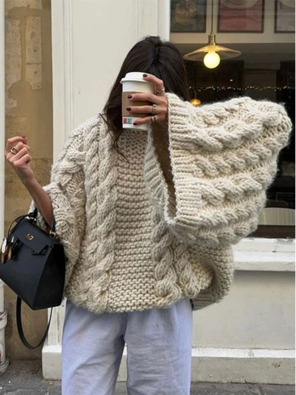 Round Neck Solid Color Loose Knit Sweater Women's Round Neck Loose Knit Sweater Foto QC de TAOBAO na Qualit.ly