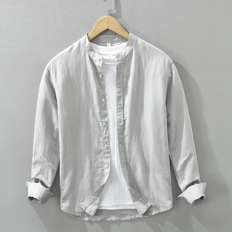 603 Basic Casual Linen Shirt for Young People, Stand-Up Collar, Long Sleeves, Loose Fit, Breathable Cotton-Linen Shirt for Men, One Piece Drop Shipping
