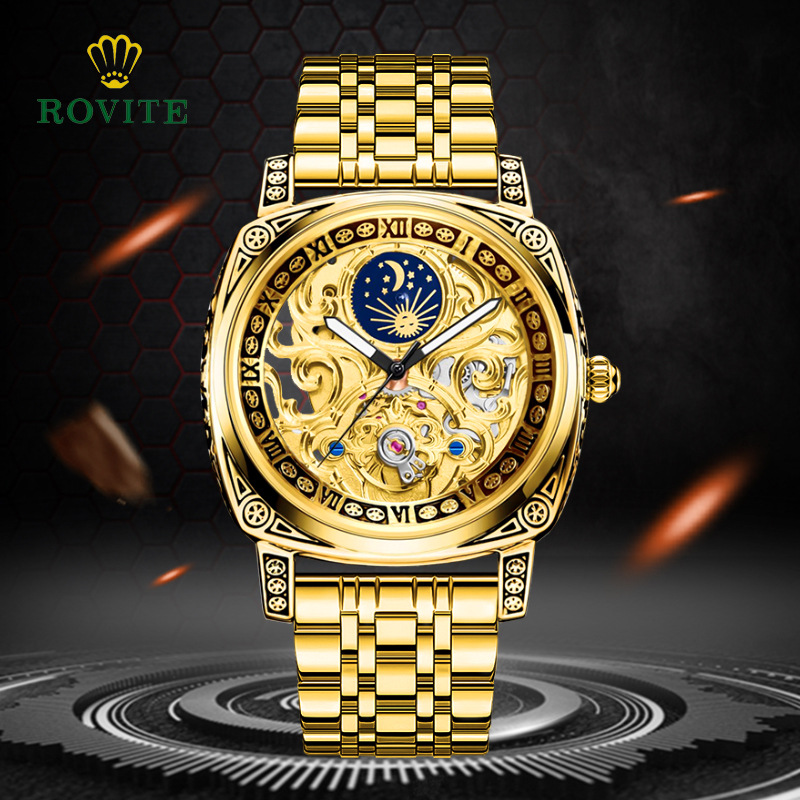 Rovite Retro Carved Hollow-Out Fully Automatic Mechanical Watch for Men with Solid Steel Band, Waterproof, Business Fashion Mechanical Watch