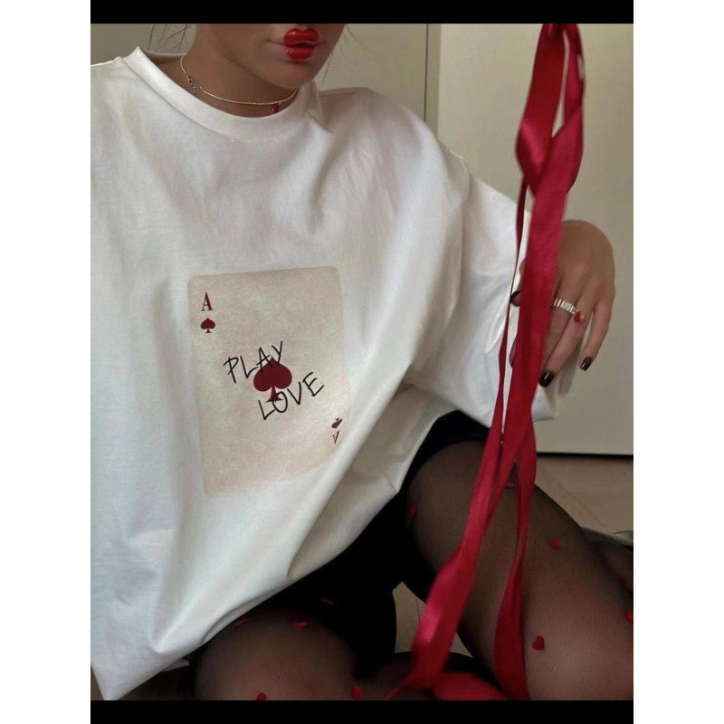 2025 Summer Simple and Fresh Loose Short-Sleeve T-Shirt for Women, Pure Cotton Versatile European and American Style Slimming Trendy Printed Ins Top