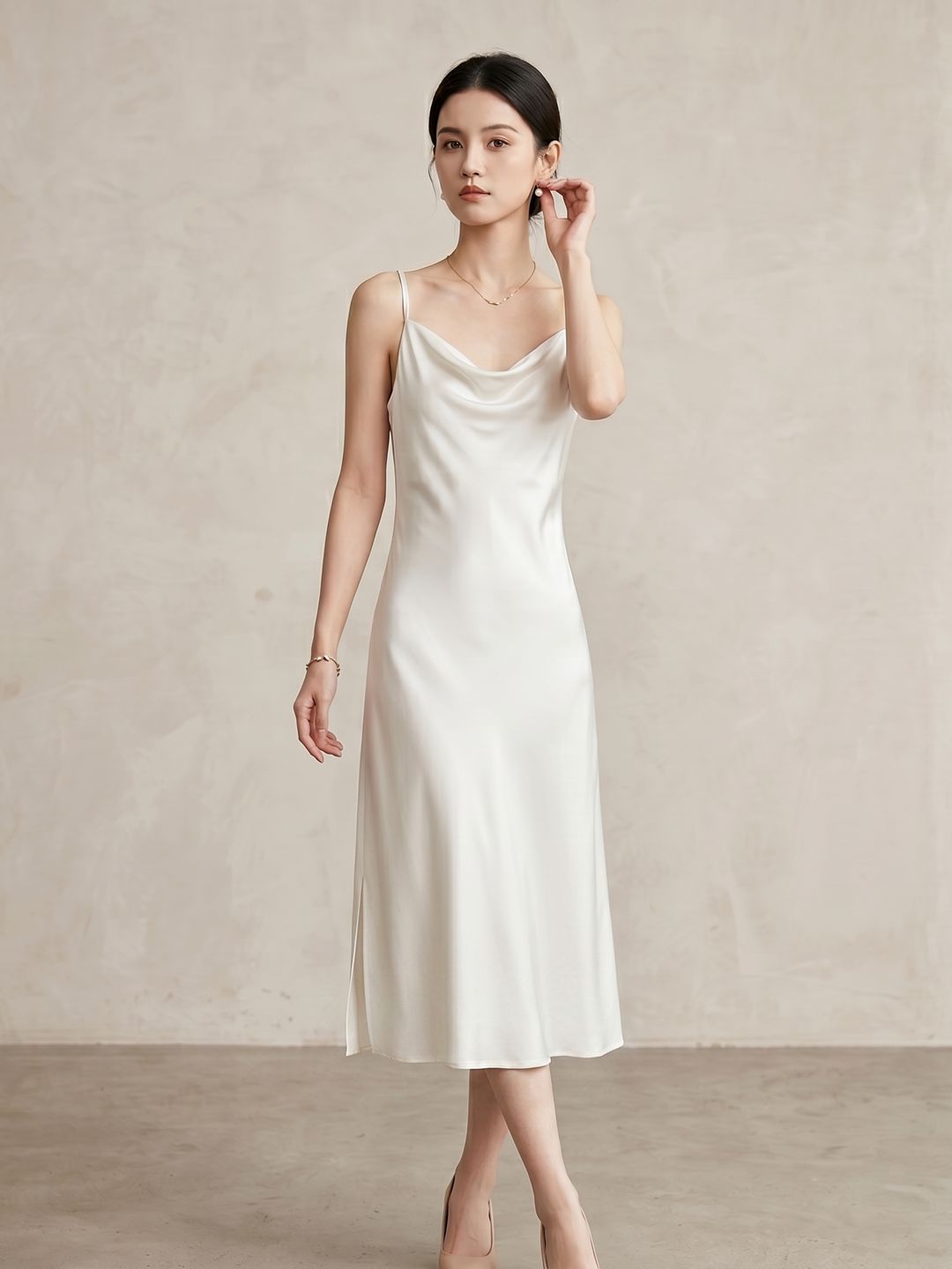 Summer French-Style Silk Camisole Dress for Women, Satin Draped Neckline, Elegant Slim-Fit Dress, Fitted Inner Tank Dress