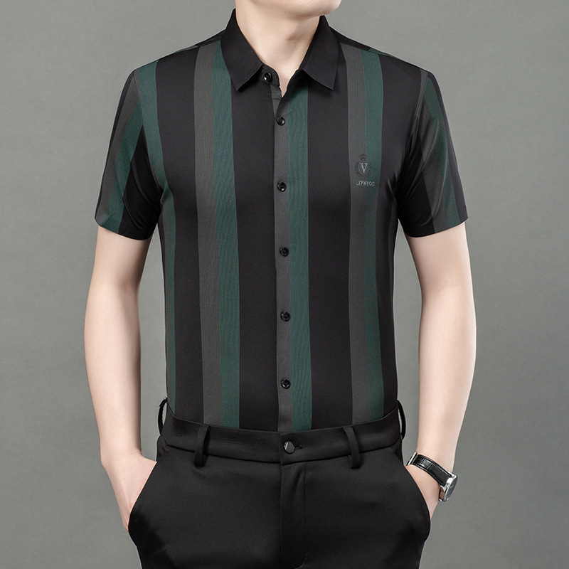 Summer Men's Short-Sleeved Slim Striped Shirt 2024 New Middle-Aged No-Iron Spandex Ice Silk Breathable Top Dropshipping