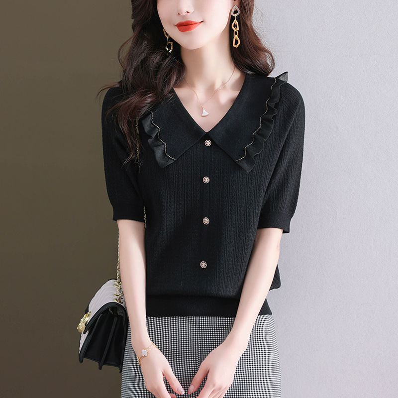 New Summer Dress Western Style Age-reducing Shirt Thin Top Women's Summer Doll Collar Knitted Ice Silk Short-sleeved T-shirt for Women