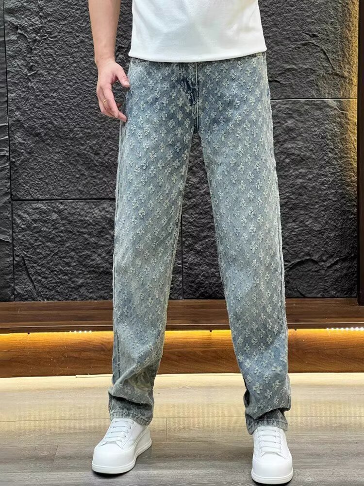 Men's Jacquard Full-Print Jeans, Autumn Trendy Brand Design, Niche Straight-Leg Pants, American High Street Vibe Pants Foto QC de 1688 na Qualit.ly