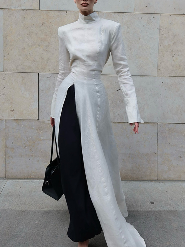 Elegant High-Slit Splicing Dress with Niche Design, Irregular Commuting Date Long Dress for Women with High-End Feel