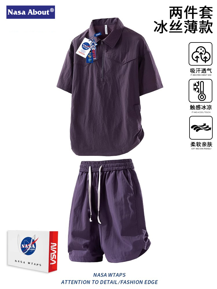 Nasa Trendy Short-Sleeved T-Shirt Suit Men's Summer New Trendyy Half-Zip Lapel Top Short T-Shirt Shorts Wear