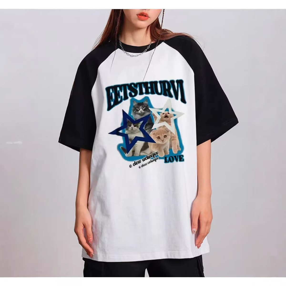 Pure Cotton Black and White Patchwork Short-Sleeved T-Shirt for Women, New Summer Style, American Retro Design, Niche Raglan Color-Blocked Top