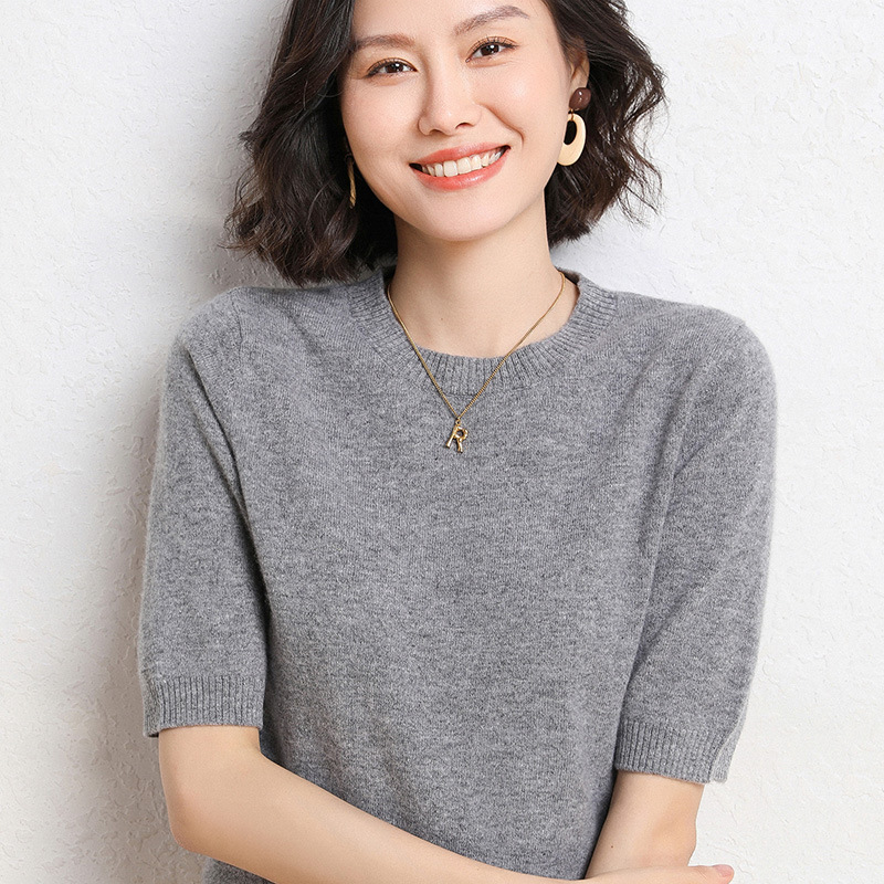 Spring and Autum New Plush Short-Sleeved Women's Quarter-Sleeved Round Neck Pullover Thin Wool Knitted Bottoming Shirt Half-Sleeved Sweater for Women