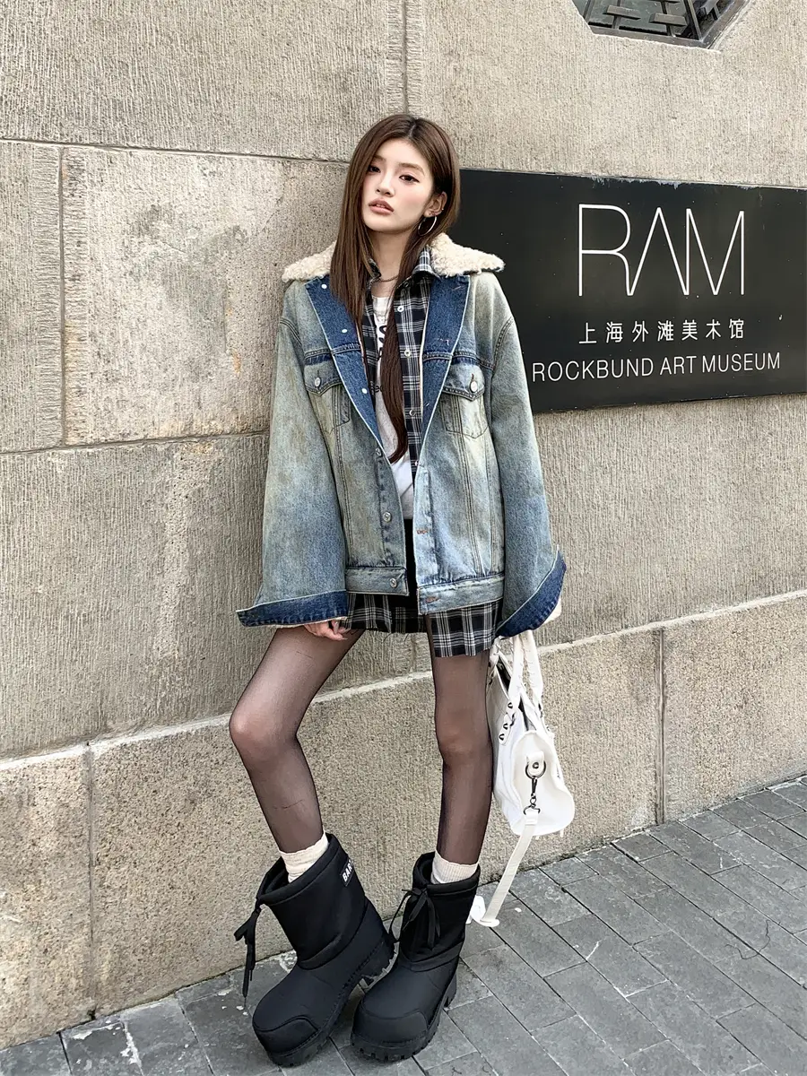 Earth Store Best Selling Retro Fleece-Lined Quilted Denim Lamb Wool Outwear Women's Fall and Winter Loose Lapels Cotton-Padded Clothes Thick Upper Garment