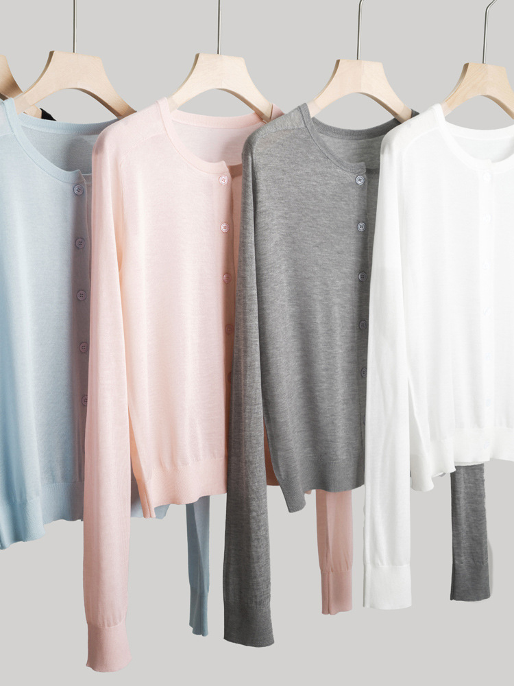 Lyocell Worsted Thin Round Neck Knitted Cardigan Saddle Shoulder High Waist Short Fresh Style Long Sleeve Coat Top