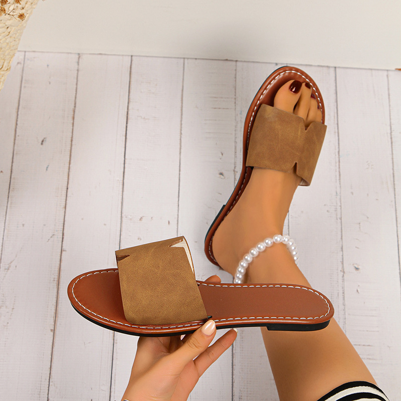 New Foreign Trade Large Size V-Cut Flat Slippers for Women, Summer Solid Color Simple Open-Toe Lightweight Outdoor Sandals
