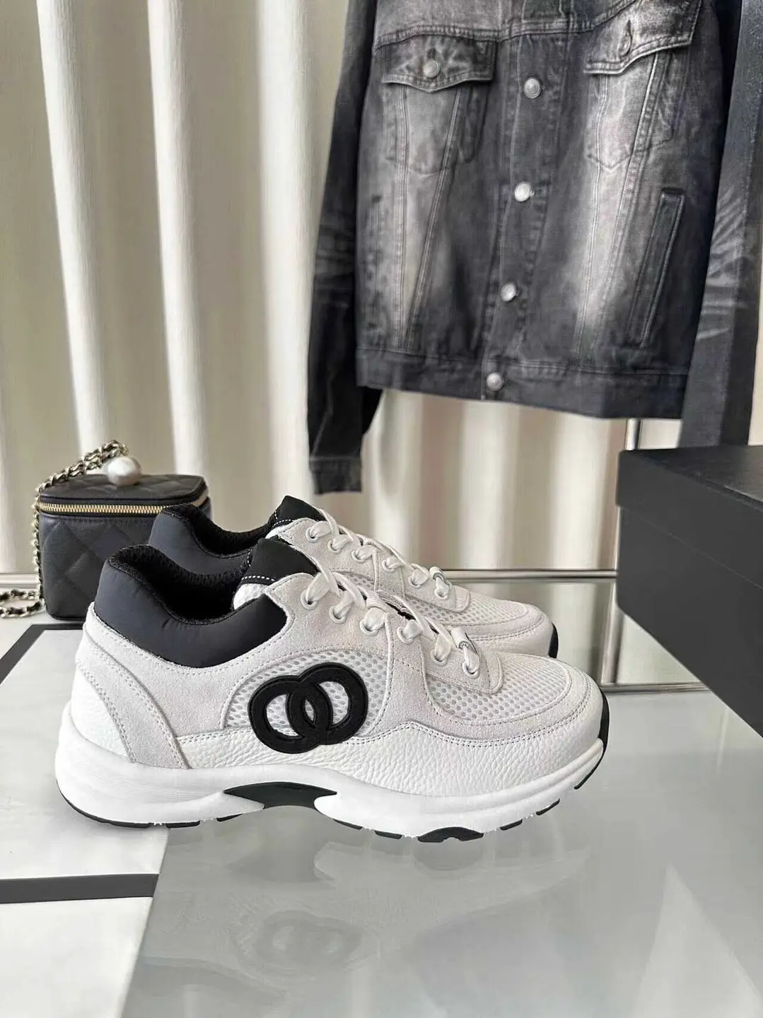 Mesh Sports Shoes Tweed Style High-Definition Version of Leather Round Head Shoelace Mesh Breathable Panda Running Shoes