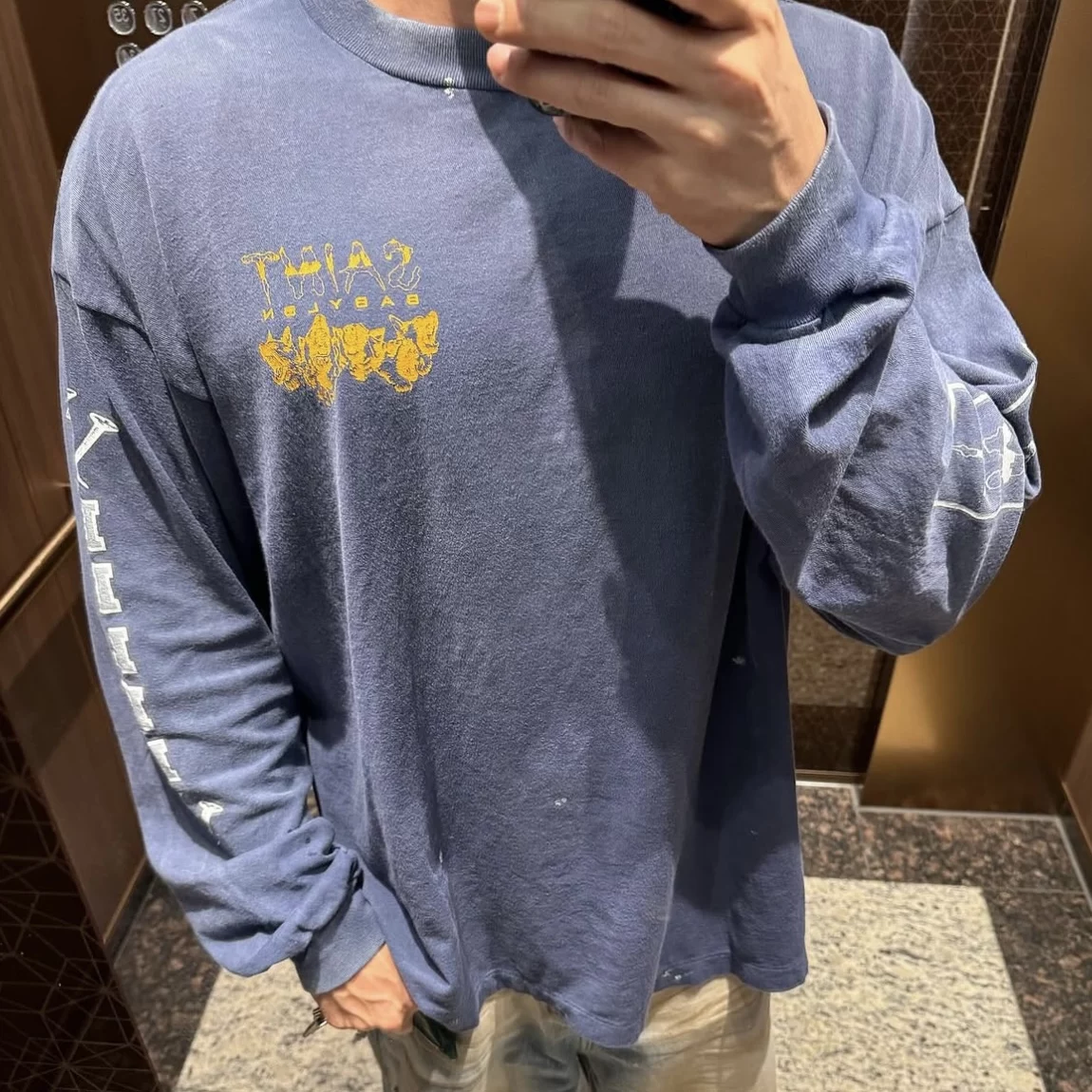 Saint Mx6 Babylon collaboration Babylon blue three nail washed distressed long sleeved vintage tee