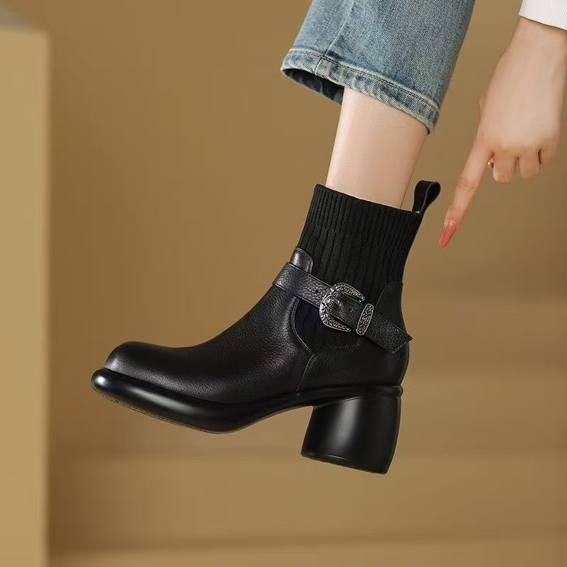 Women's Fashion Black Thick-soled Socks Boots Women's High Heel Autumn and Winter Soft Leather fleece-lined Stretch Boots Waterproof Platform Thick Heel Ankle Boots