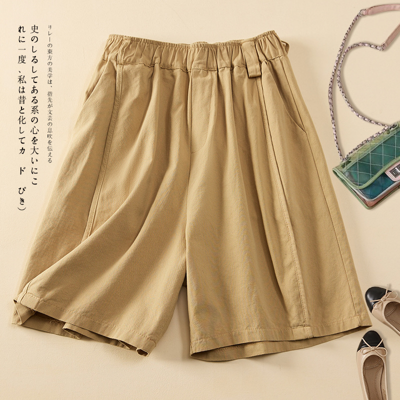 4 Color Vintage Cotton Casual Shorts Women's Loose Waist Slimming Stitching Wide-leg Pants All-match Shorts Summer Five-length Pants