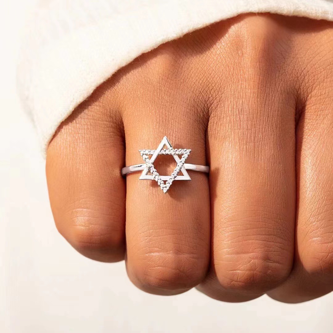 Hot-selling European and American Faith Six-Mangile Zircon Ring Light Luxury High-end Sense Personalized Fashion Ring Niche Design Ring