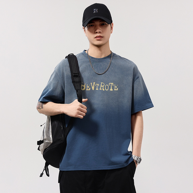 T3615 | plus size Men's Summer New Heavy Wash Water Gradient Crewneck T-shirt Men's Loose Fashion Brand Embossed Short Sleeve