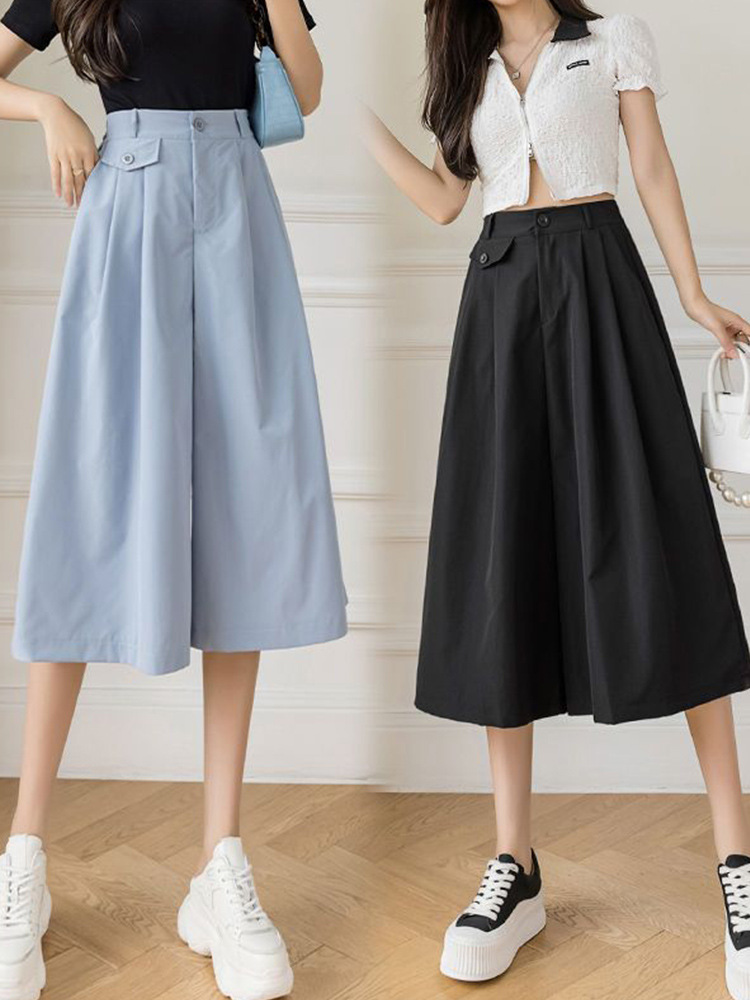 Drapey Wide-Leg Pants for Women, Cropped Pants, 2026 Summer New Korean Style A-Line High-Waisted Skirt Pants, Slimming Loose Casual Pants