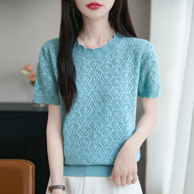 Summer New Pure Cotton Lace Round Neck Short-Sleeved T-Shirt Women's Cut Out Knitwear Loose Versatile T-Shirt Top Export