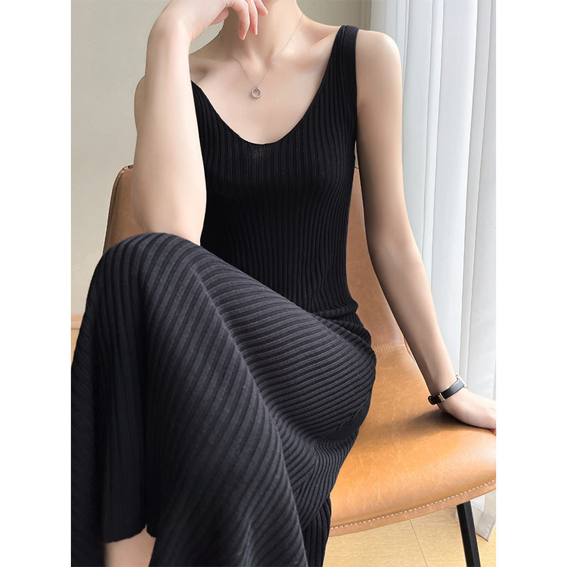Draped Camisole Ice Silk dress Women's Elegant Sleeveless U-Neck Mid-Length Base Skirt Over-the-Knee Long Skirt