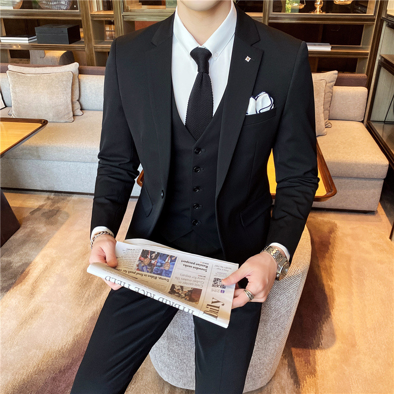 New Style Men's Three-Piece Suit, Korean Style Slim Fit Youth Business Suit, Professional Formal Wear, Groom and Groomsmen Group Gift