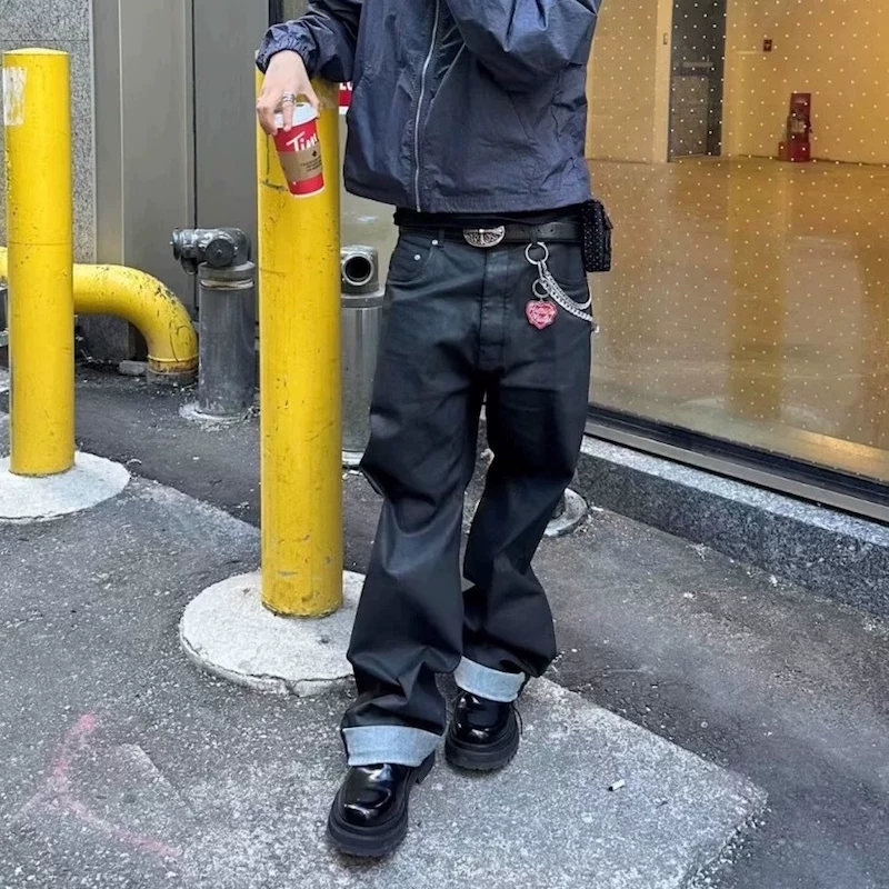 American RO style black brushed wax surface straight tube loose coated jeans GALI same style trendy men's long pants