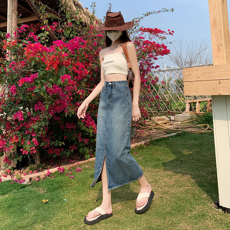 Denim Skirt for Women 2024 Summer New Style High Waist Loose Hip Slit Mid-length Sexy Skirt Versatile and Trendy