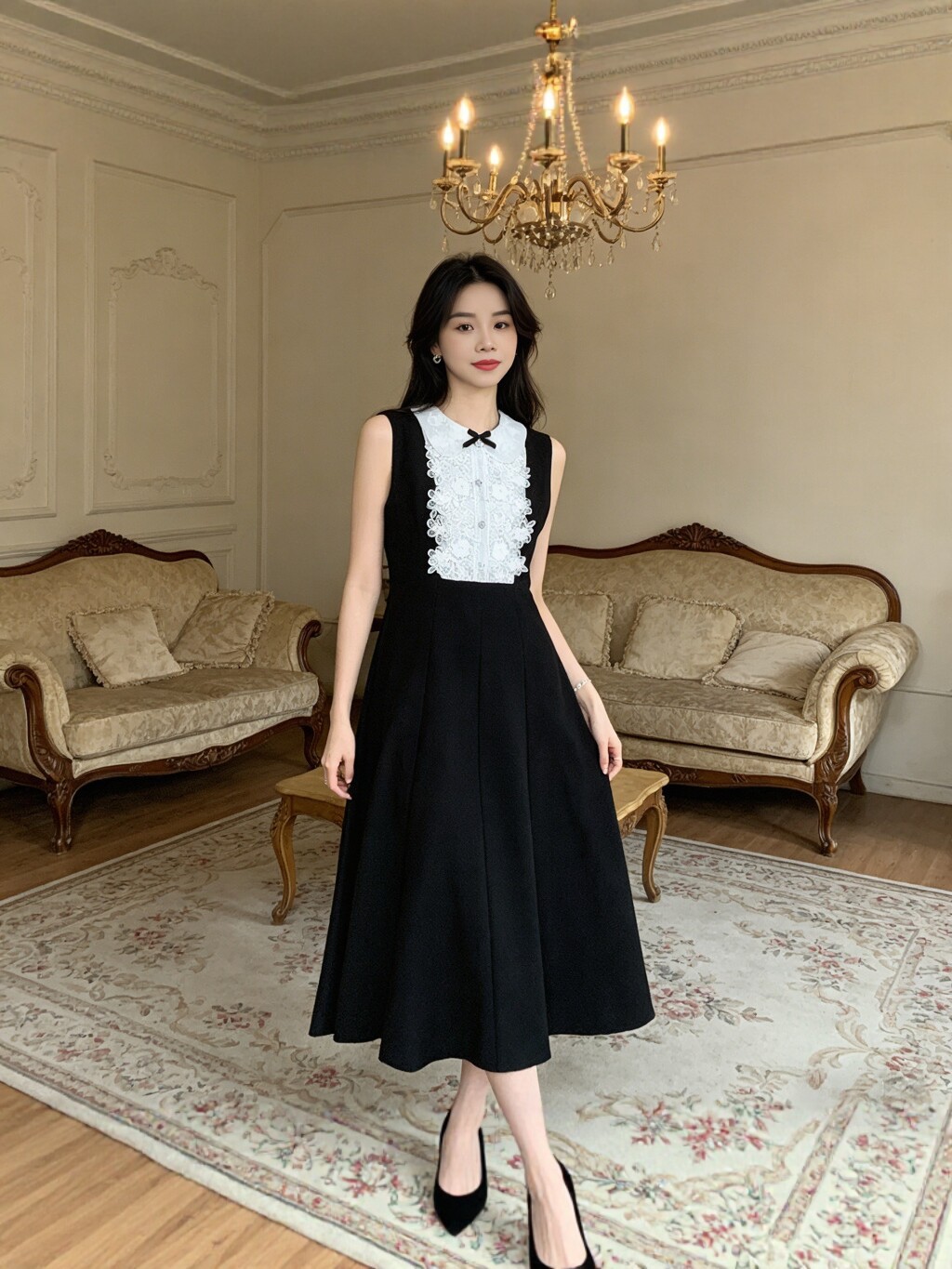 Lace Splicing French-Style Sleeveless Vest Dress for Women, Summer Elegant Slim-Fit Dress with Contrasting Color, Waist-Cinching, and Long Flared Skirt