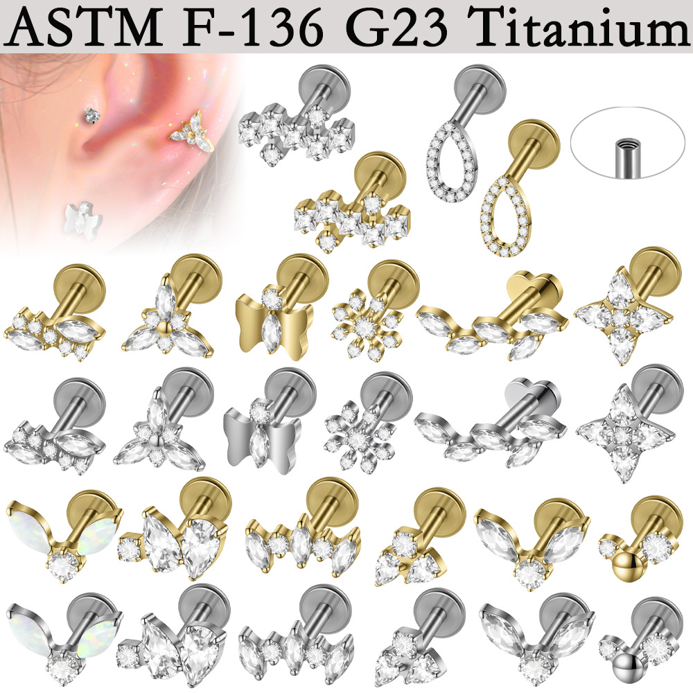 Cross-Border G23 Titanium Alloy T-Shaped Zircon-Inlaid Internal Thread Lip Stud Flower-Shaped Marquise Opal Ear Bone Stud Ear Piercing Jewelry