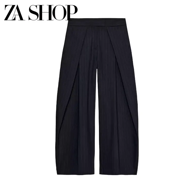 2025 Autumn New Product Women's Wear Simple and Versatile Mid Waist Loose Casual Pants with Thin Stripes and Folded Pants 8219100