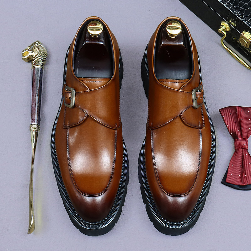 Cowhide Retro Leather Shoes, Round-Toe Business Formal Wear, Genuine Leather, British Style, Black, Handmade Buckle Monk Shoes, Men's Thick Sole