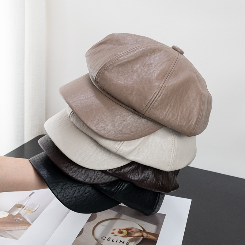 Japanese style versatile texture pu leather octagonal hat female British retro face-looking small beret elegant simple painter hat