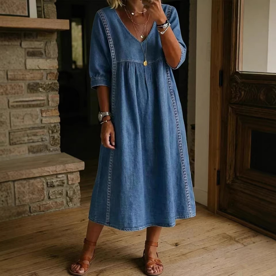 2026 Foreign Trade Cross-Border Amazon New Casual Fashion Mid-Sleeve V-Neck Pullover Imitation Denim Multi-Color Women's Dress
